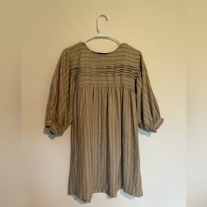 Zara Kids Collection Puffer Sleeve Dress Size 13-14 Tan Blue Stripe Minimalist